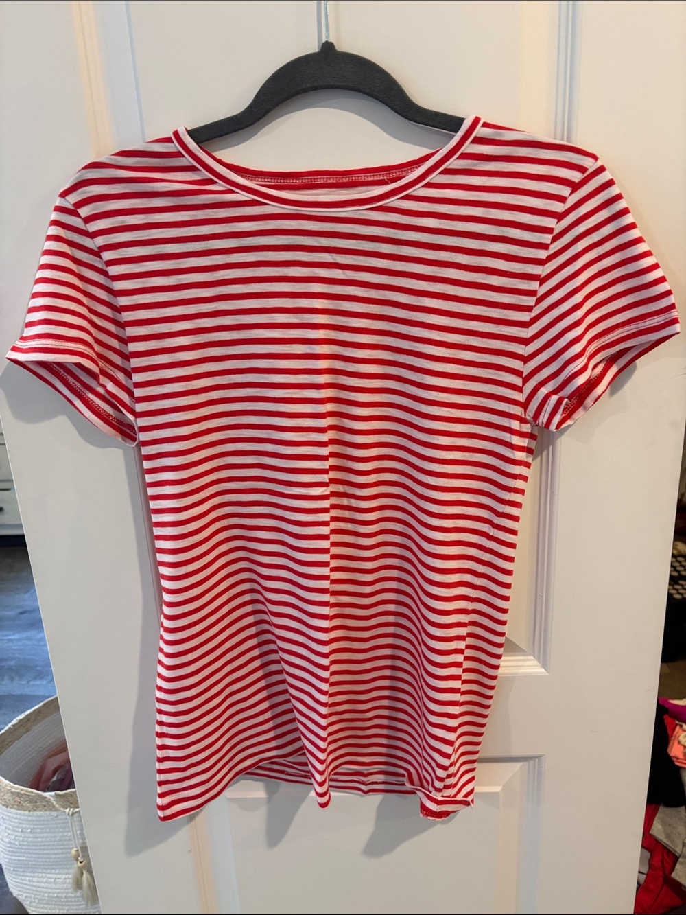 Red & White Striped Short Sleeve Women's Top